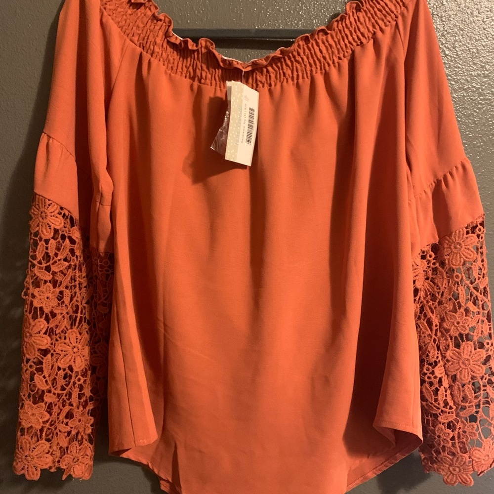 New! Boutique Sandstone off shoulder blouse with crochet sleeves